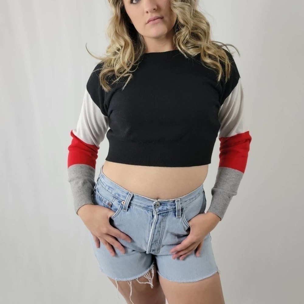 Striped Colorblock Crop Pullover Sweatshirt - S